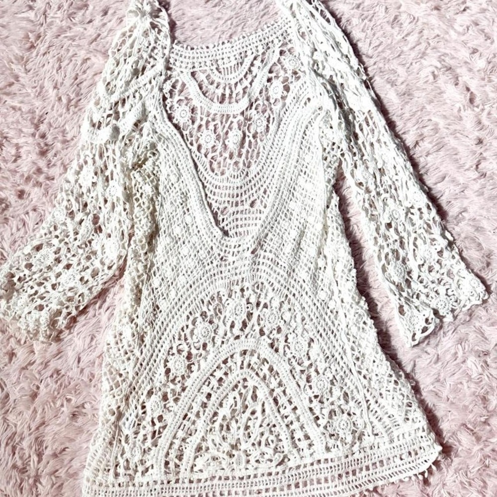 Open Knit Crotchet Boho Hippie Backless Layering Dress Womens M Natural Festival